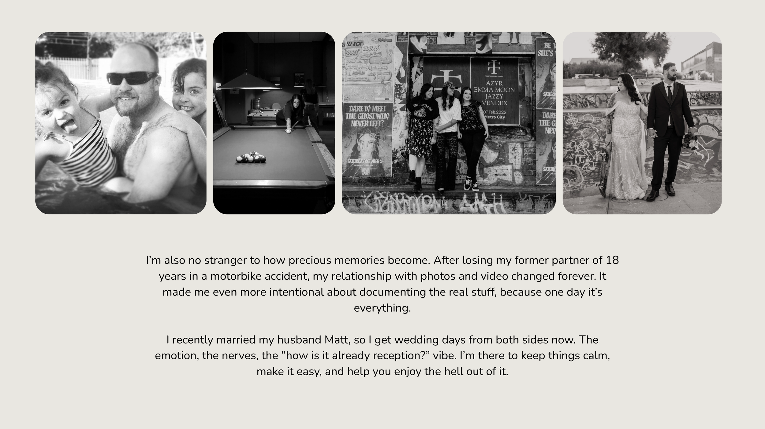 A black and white film strip showing vintage photographs arranged horizontally in a sequence.