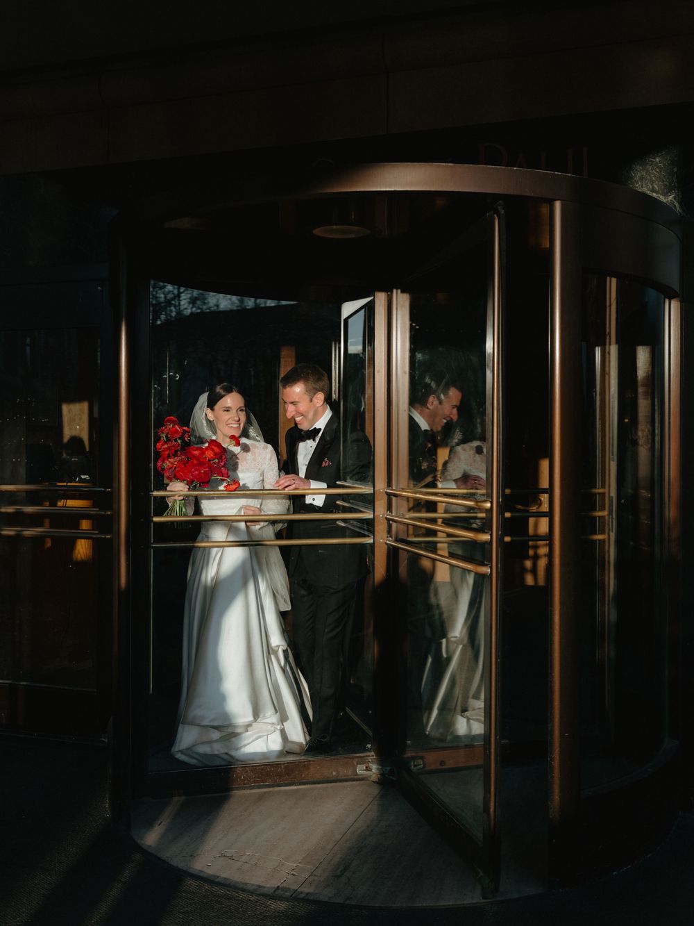 Moody wedding photography sequence showing couple in dark hallway with reflective surfaces and dramatic lighting.