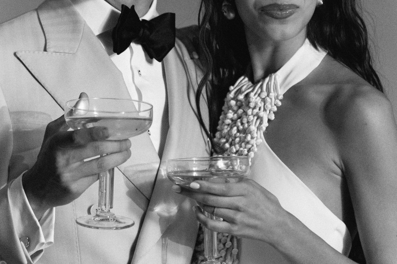 Black and white collage of people holding cocktail glasses and drinks at what appears to be a social gathering.