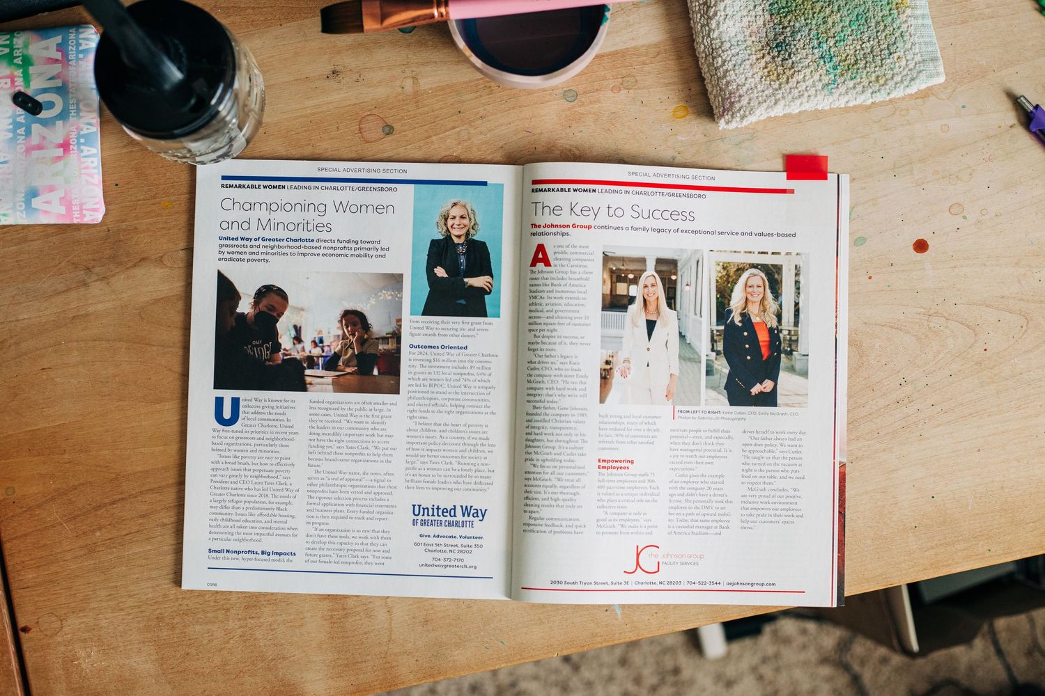 Open Forbes magazine pages spread out on a wooden table showing various articles and layouts with photos by Sabrina Jill Photography.