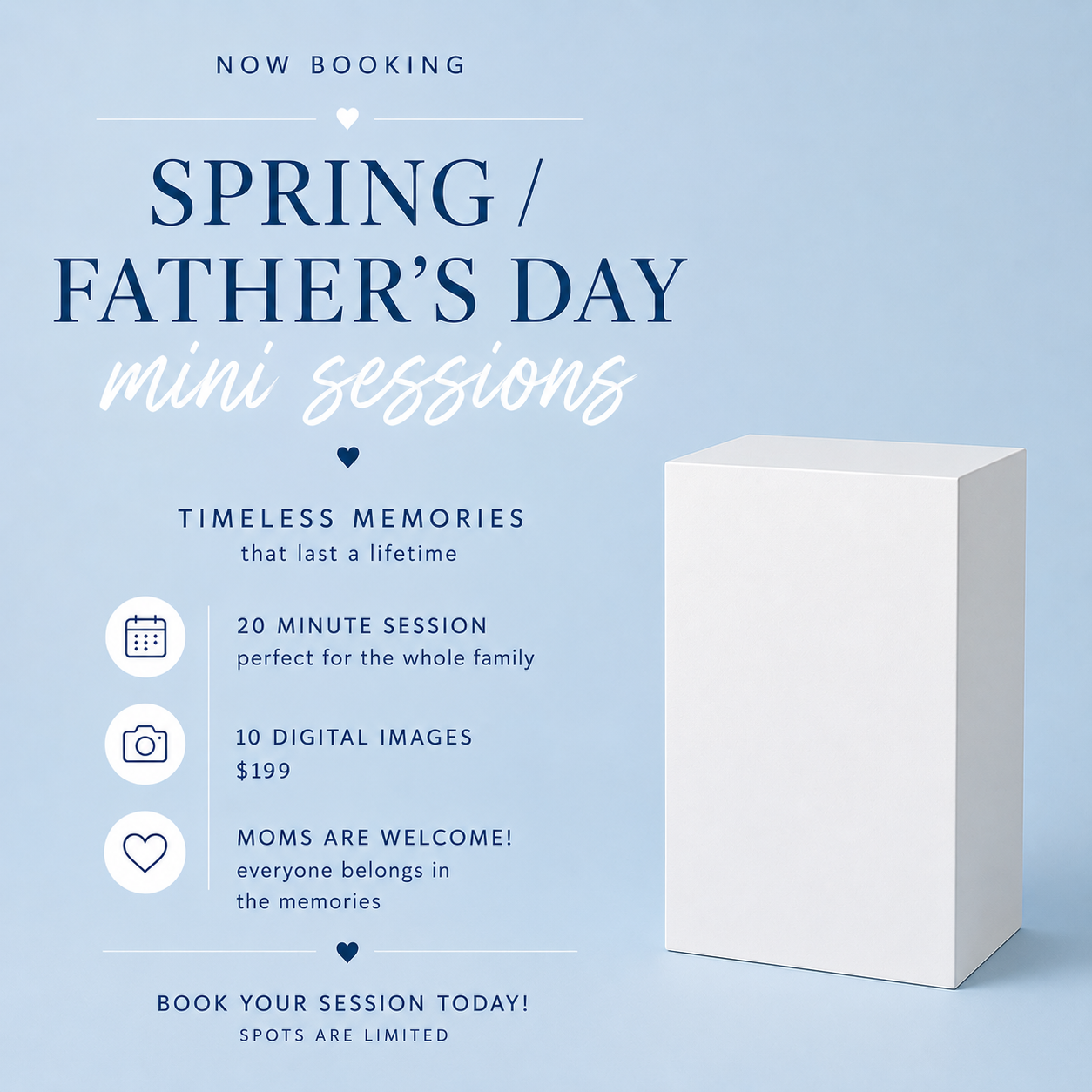 Light blue promotional flyer for Spring Father's Day mini sessions offering 20-minute family photos, 10 digital images for $199.