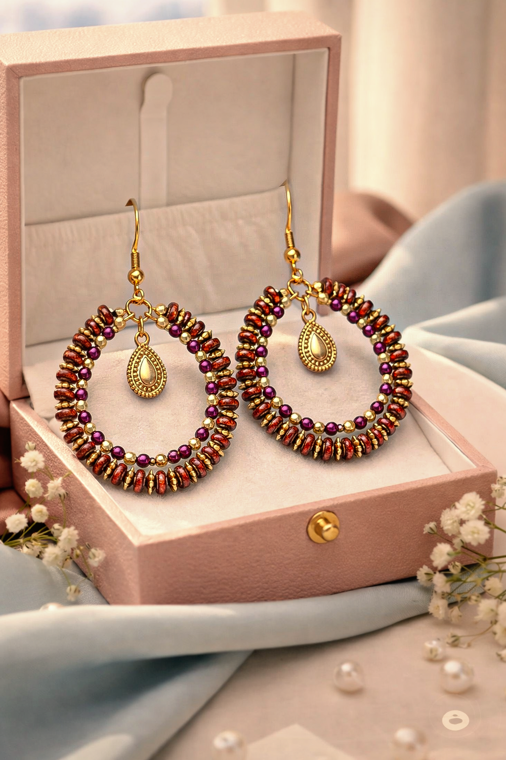 Handmade beaded hoop earrings with red and gold seed beads and teardrop charm displayed in a pink jewelry box.