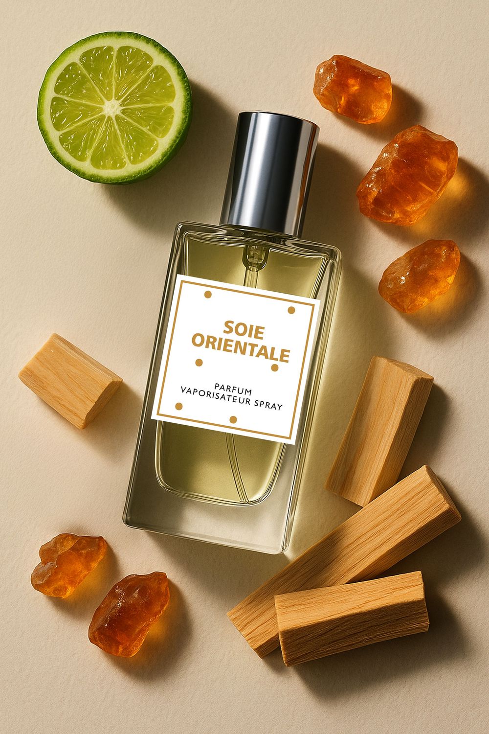Soie Orientale parfum spray bottle surrounded by amber crystals, cedar wood pieces, and a lime slice on beige background.