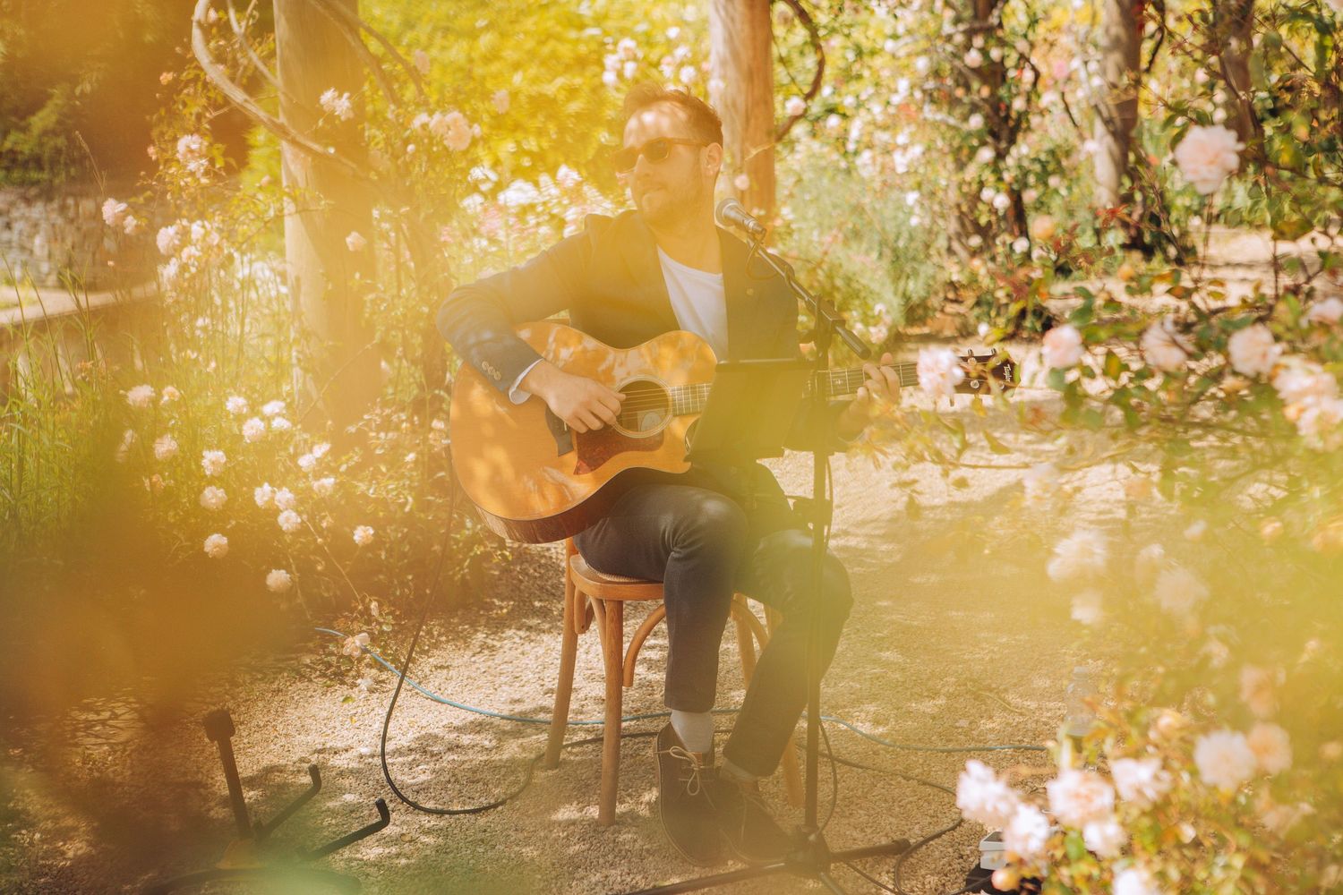 Musician playing acoustic guitar outdoors in a sunlit garden surrounded by blooming flowers.
