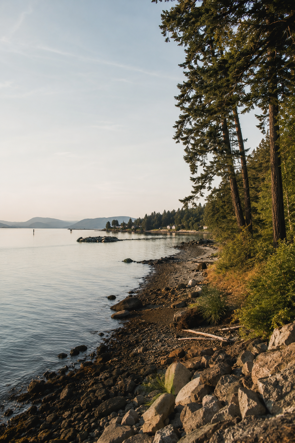 A Pacific Northwest Coastline by the water in late afternoon.