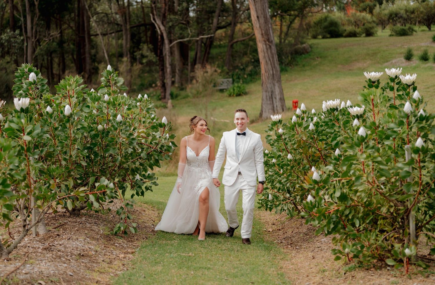 Bride and groom walking hand in hand through a lush garden path lined with white flowering shrubs on their wedding day.