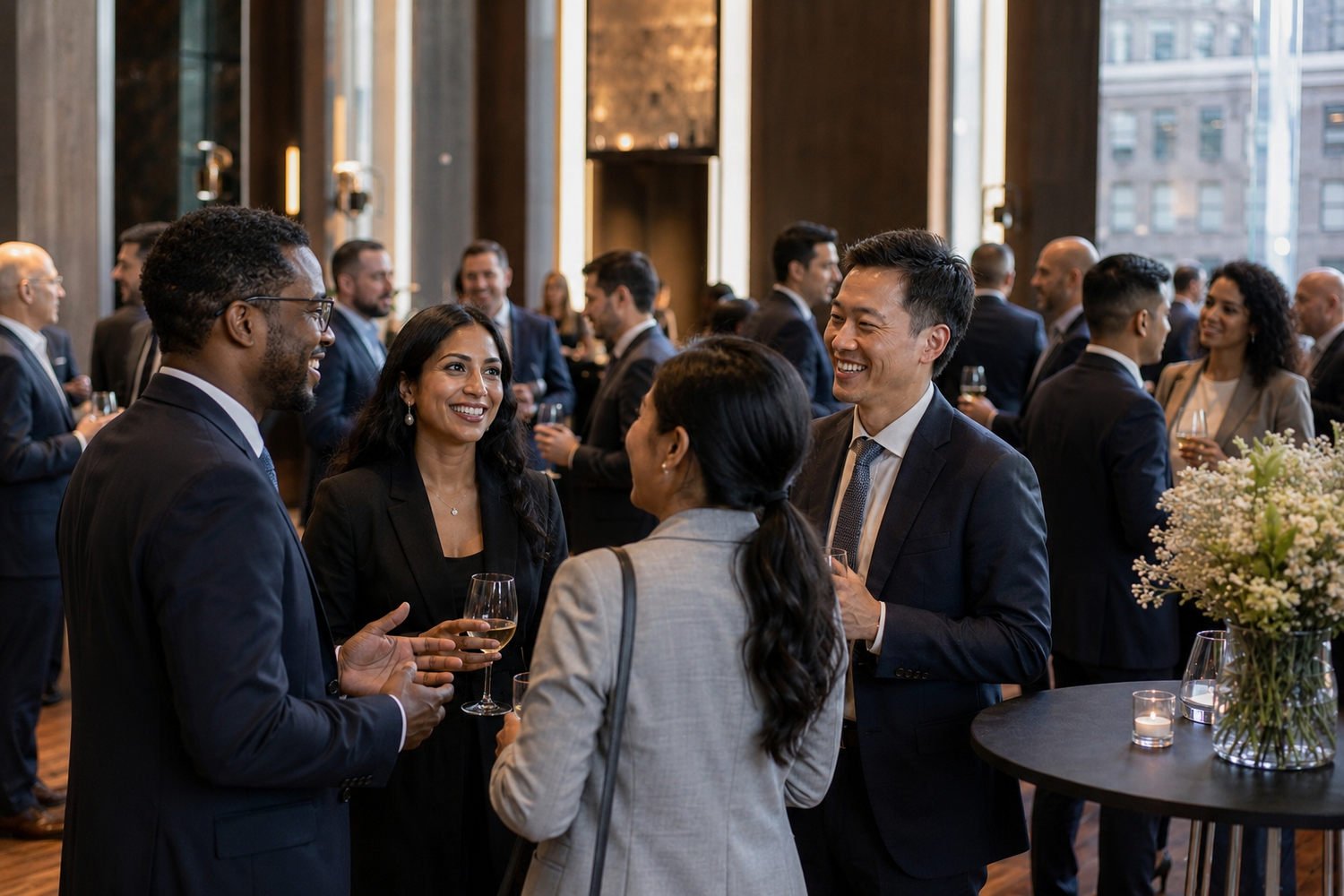 Professionals networking at a formal corporate event, engaging in conversation in an elegant venue.