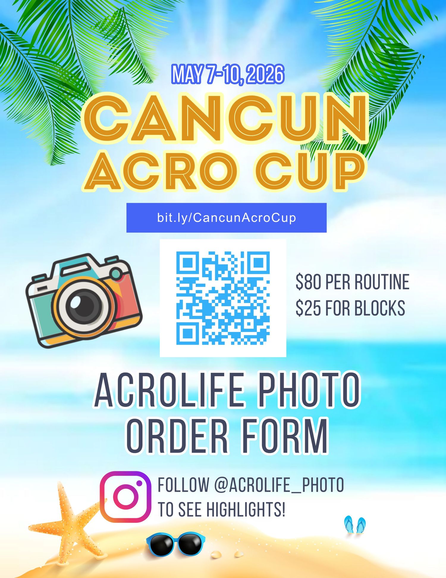 Cancun Acro Cup photo order form flyer for May 7-10, 2026, featuring pricing details and AcroLife Photo Instagram handle.