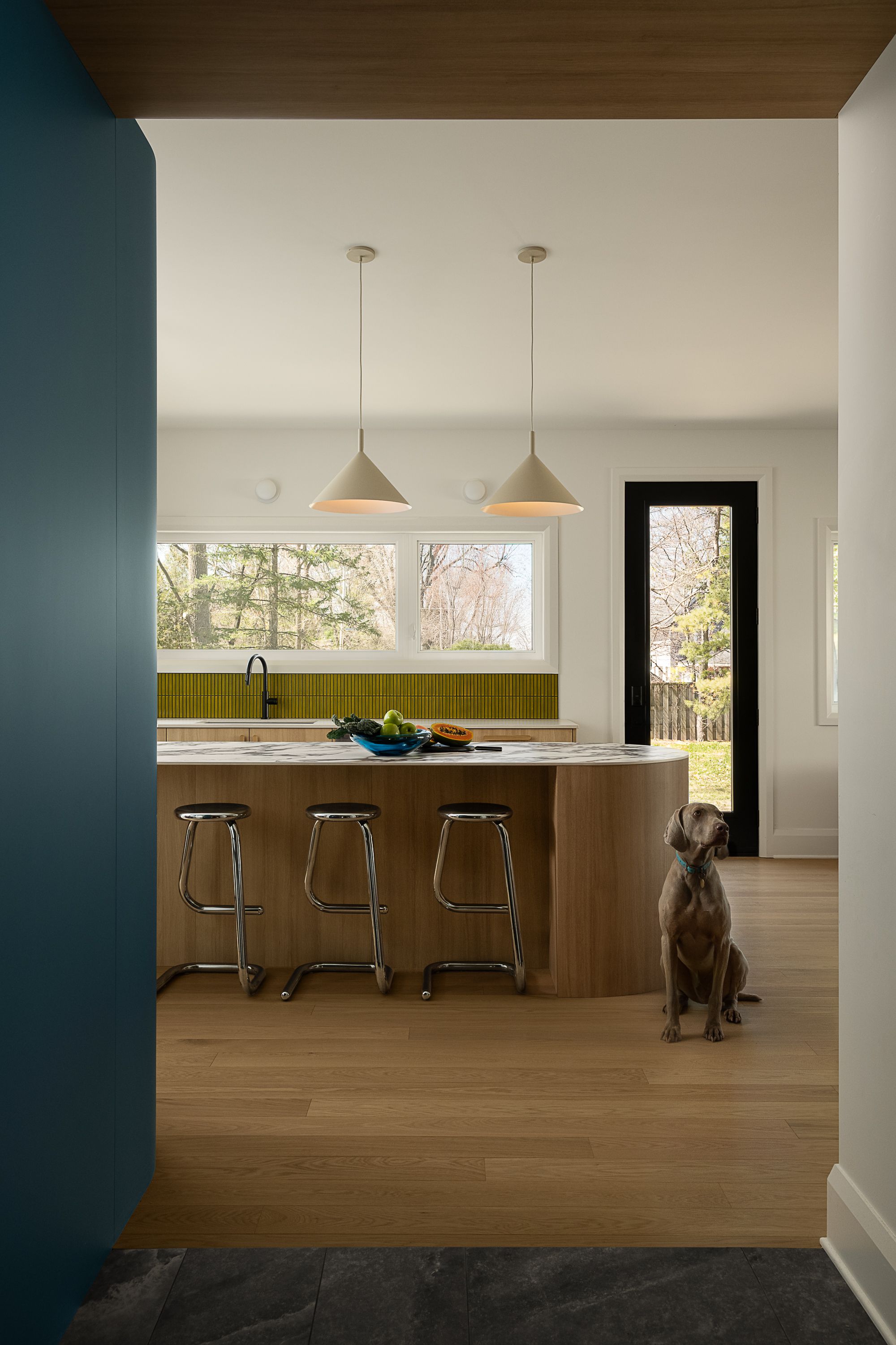 Modern kitchen with wood island, olive tile backsplash, pendant lights, chrome stools, and a dog sitting on hardwood floors.