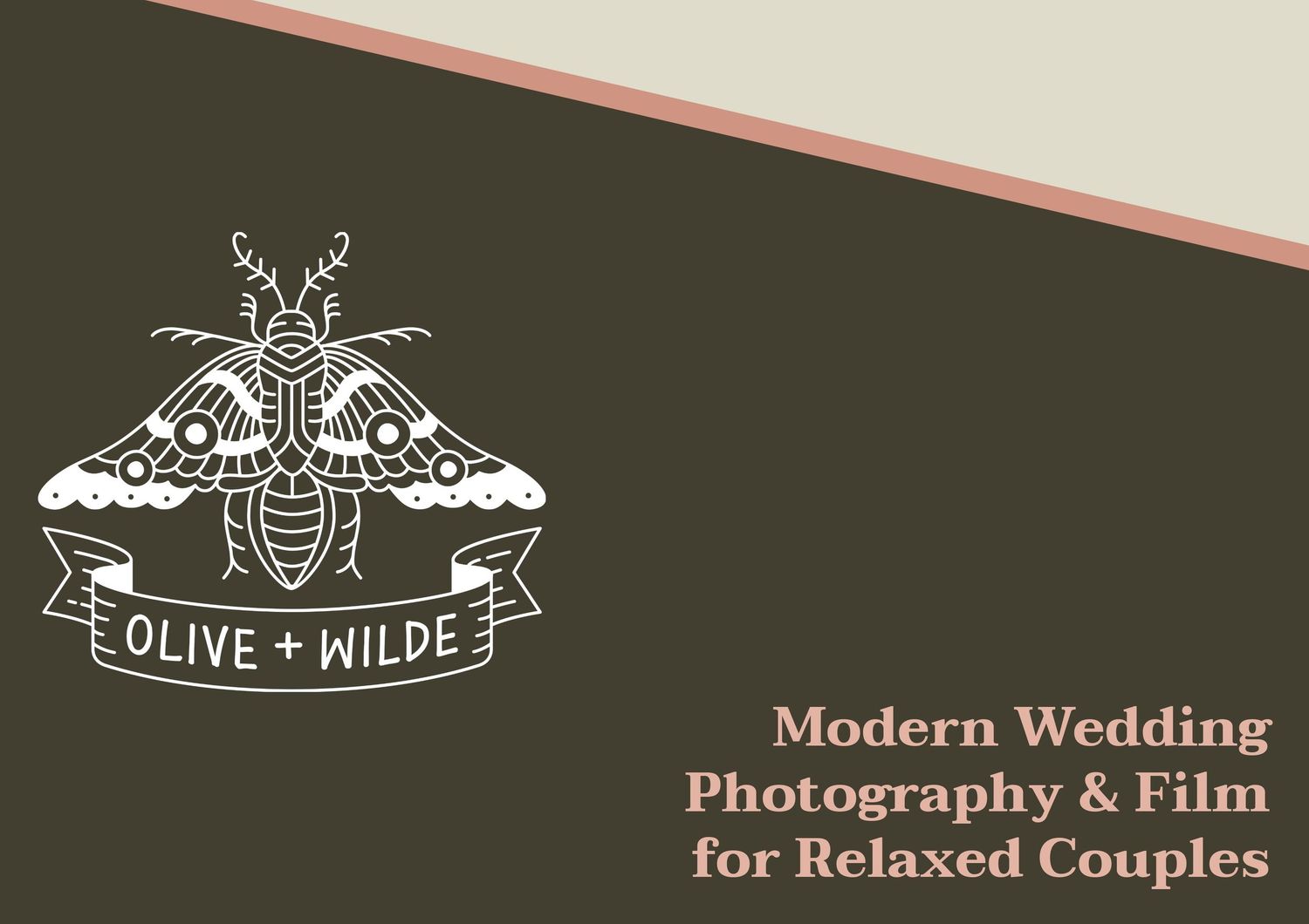 Olive and Wilde modern wedding photography and film logo featuring a moth illustration on a dark green background.
