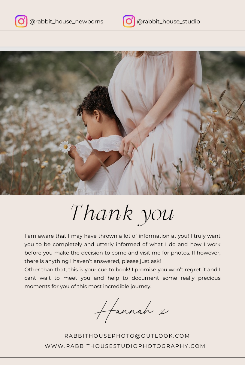 Pregnant woman in white dress with child in flower field, thank you card from Hannah at Rabbit House Studio Photography.