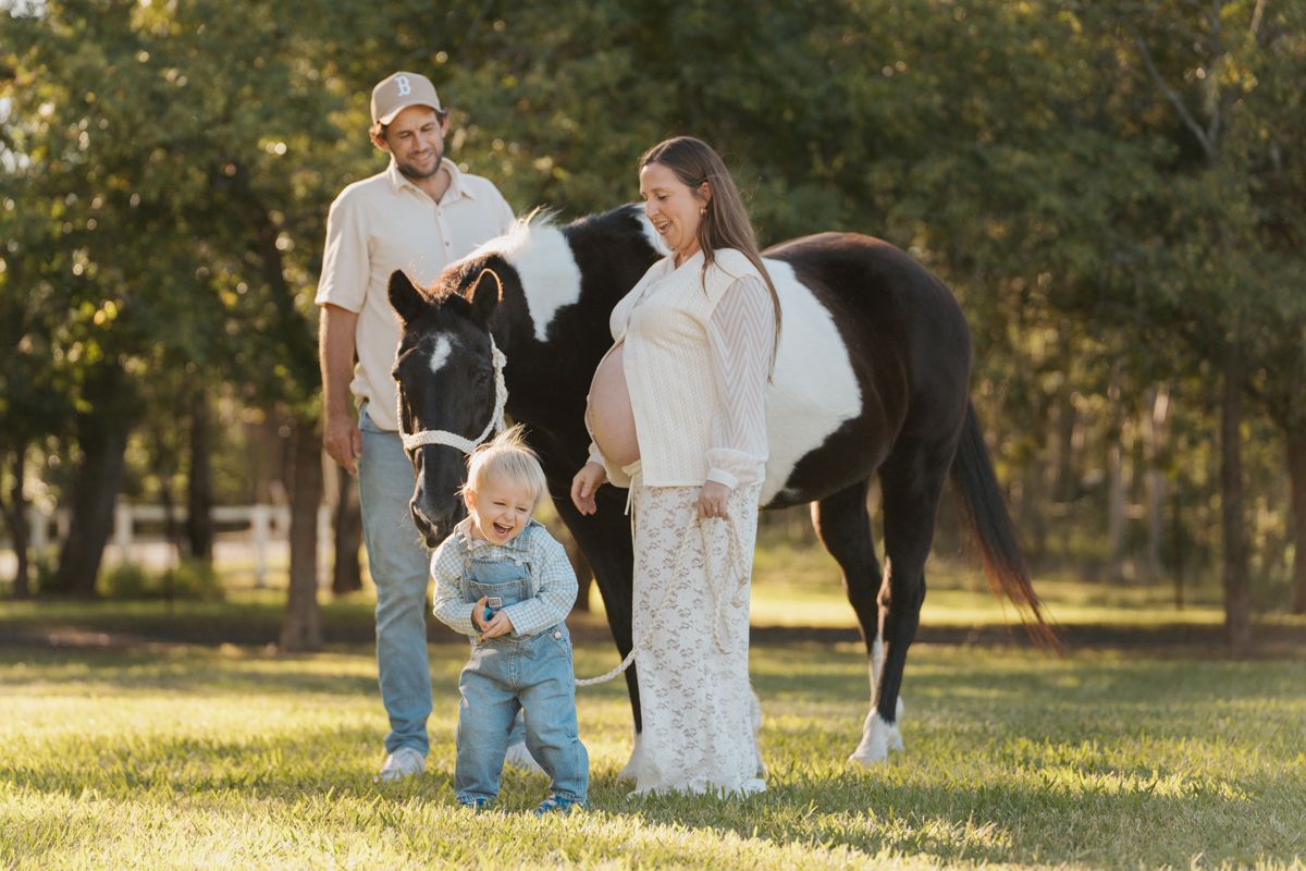 Pregnant woman in white dress with husband, toddler, and paint horse on sunny green lawn during a photoshoot with a horse in Sydney