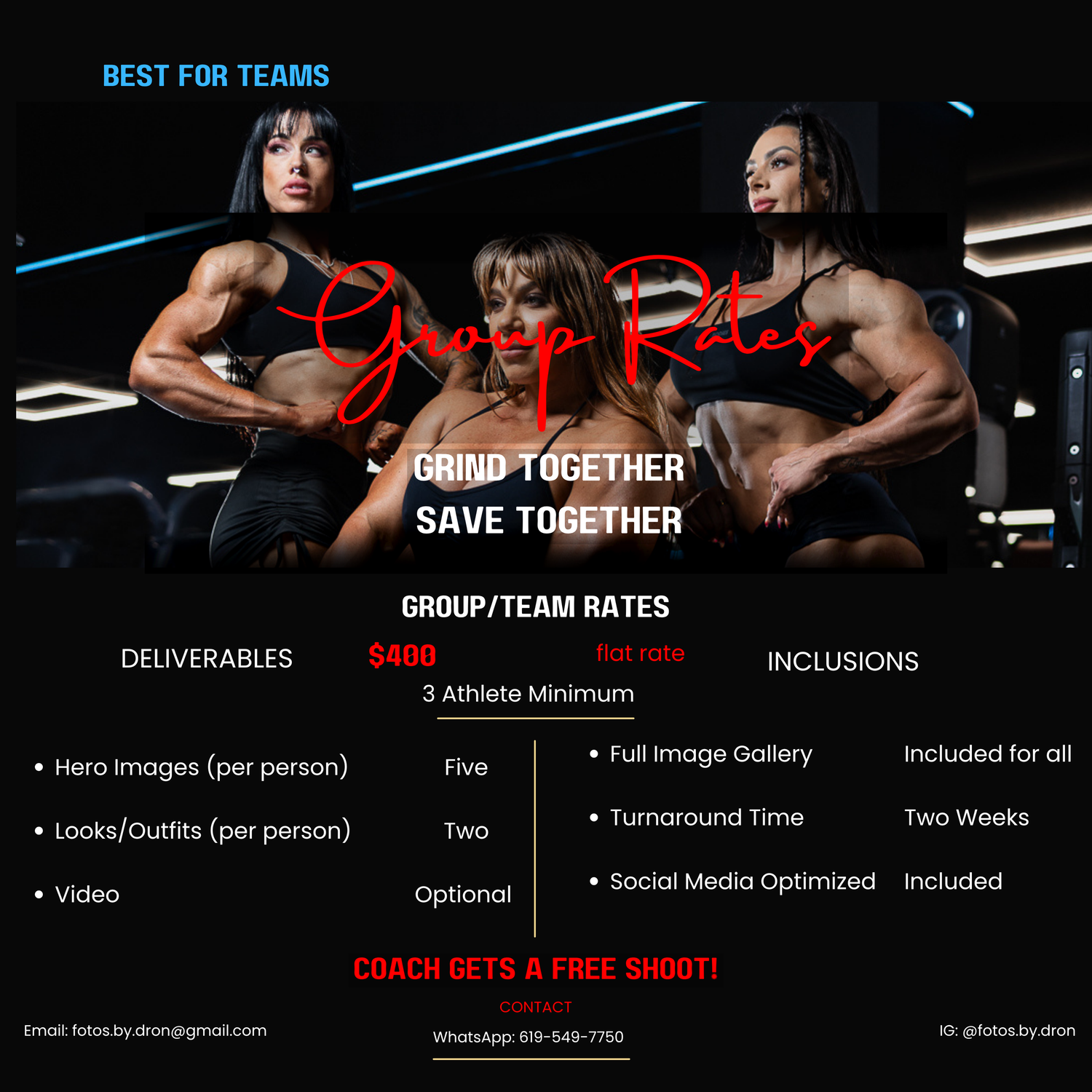 Fitness photography pricing flyer showing standard portrait session packages from $600 to $1400.