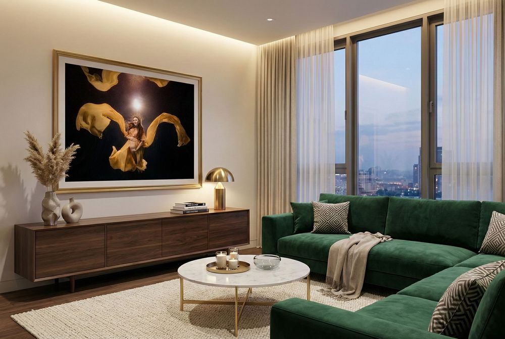 Modern living room with emerald green sectional sofa, floating media console, and large black and gold artwork.