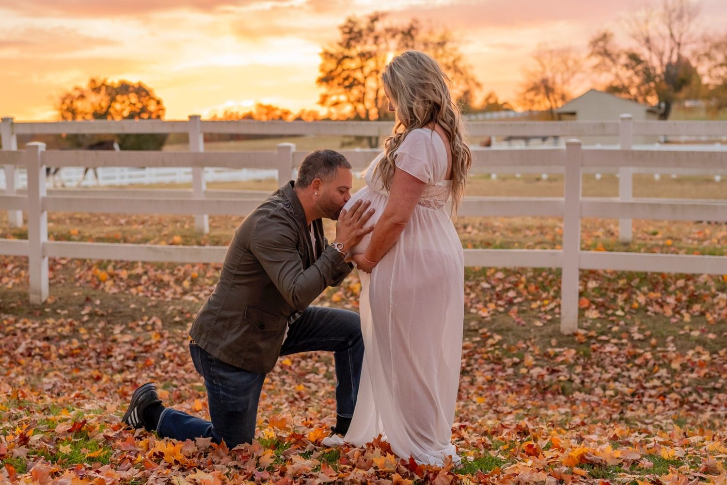 Maternity portrait photographed with the Sony A7iii during golden hour in autumn