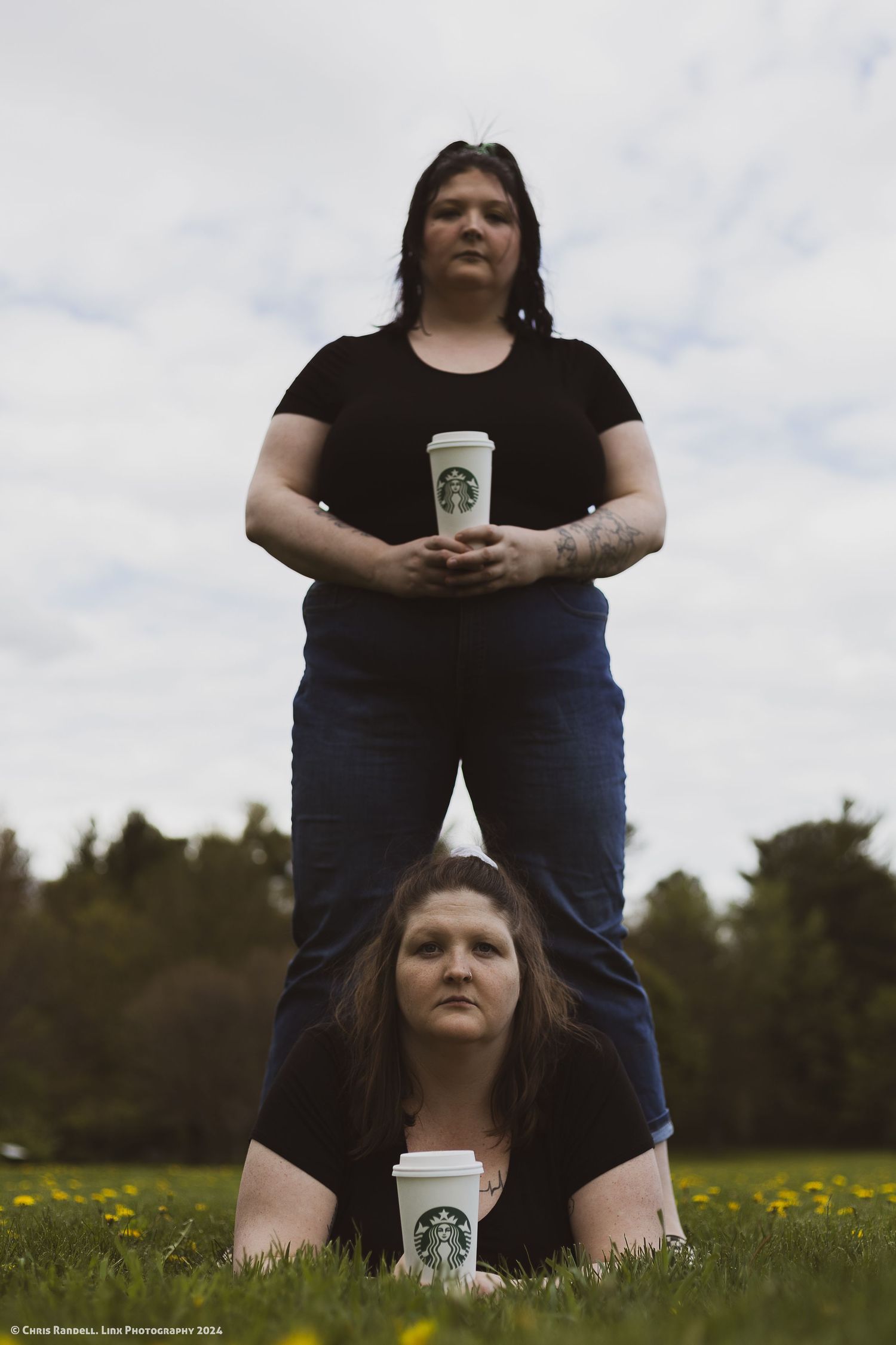 Hilarious Awkward JC Penny Styled Starbucks Sibling Photoshoot of Ashley and Emilee by Linx Photography in Barrie, Ontario
