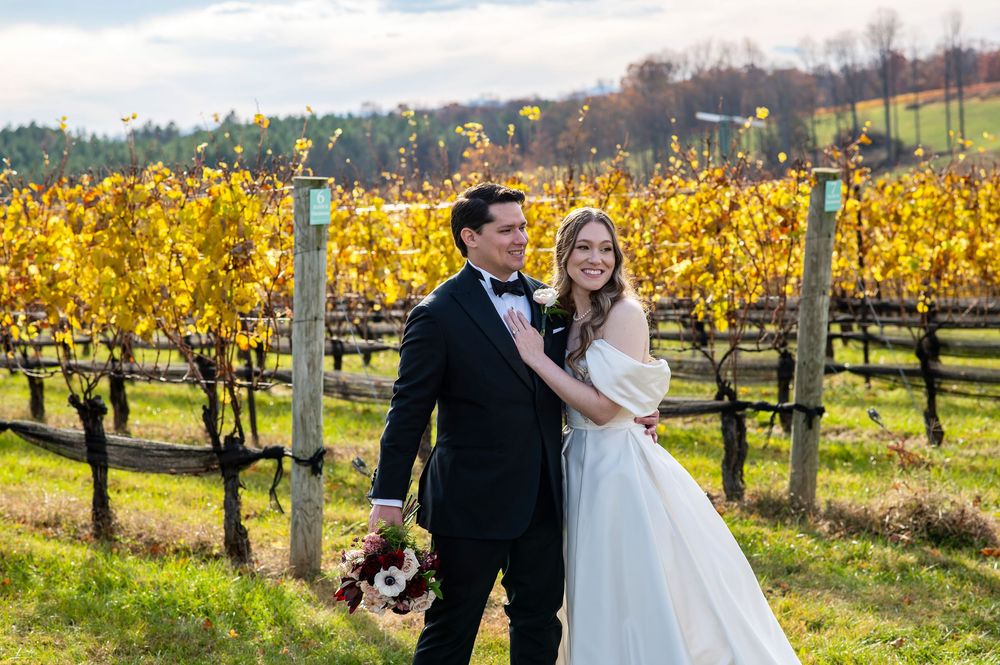 A couple poses among rows of golden autumn grapevines at a scenic winery during sunset.