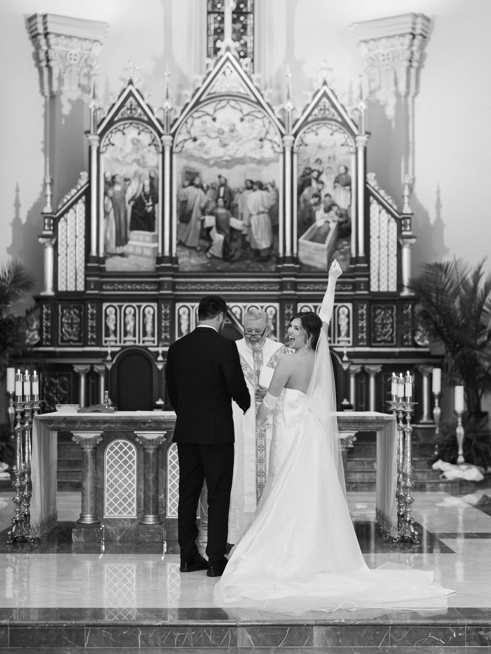 A black and white wedding ceremony sequence showing a couple at the altar in a traditional church setting.
