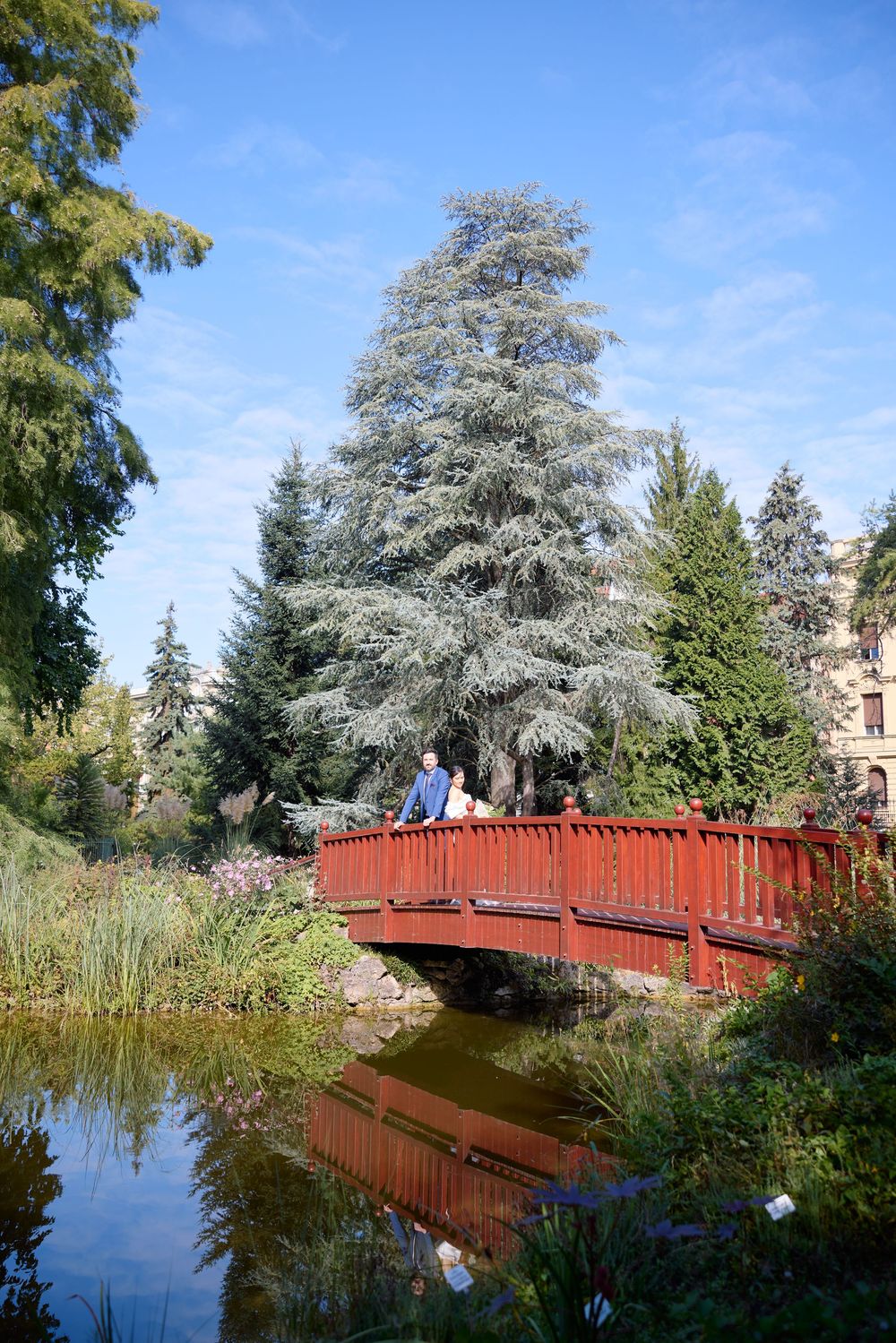 A red wooden bridge spans across a tranquil pond surrounded by evergreen trees under blue skies.