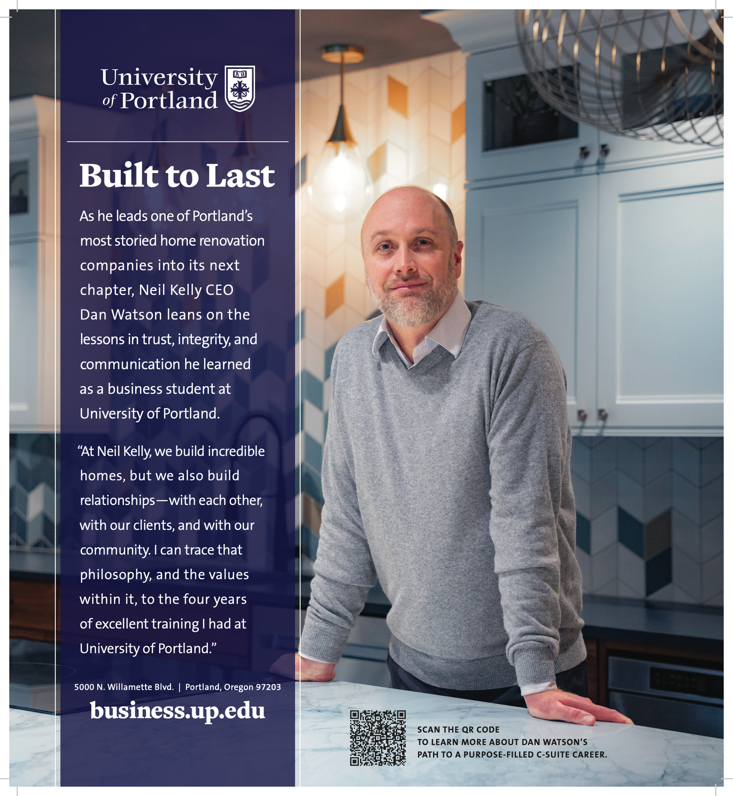 Photo of Dan Watson, CEO. Photo taken by Chris Brecht for University of Portland. Portland Business Journal Ad.