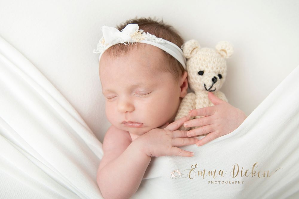 Newborn with teddy photo Emma Dicken Photography