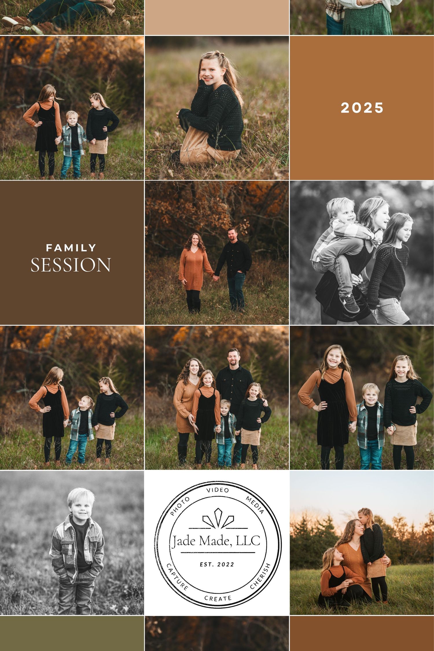 A collage of outdoor family photo session images featuring fall colors and natural settings.
