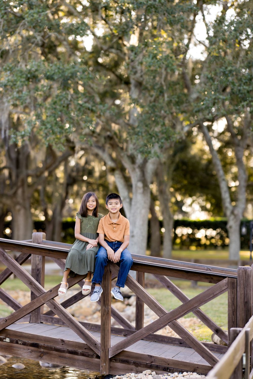 Two children sit together on a wooden fence structure in a park with trees in the background during golden hour.