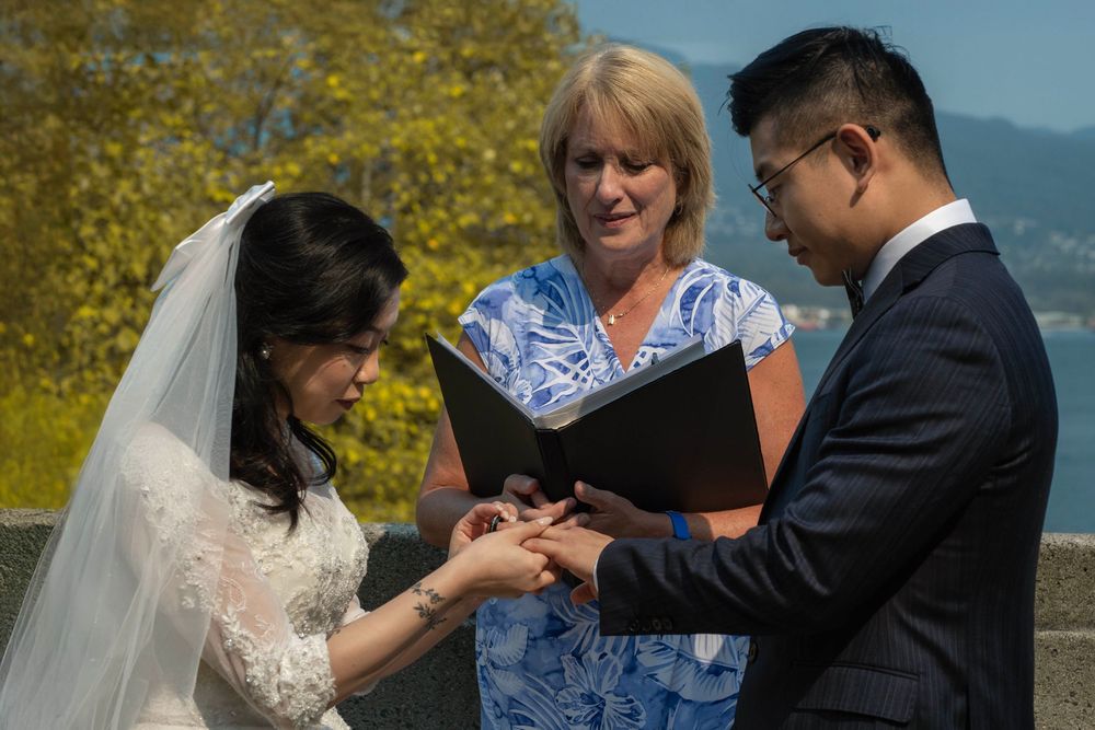 Wedding ceremony taking place outdoors with mountains and ocean in background on sunny day.