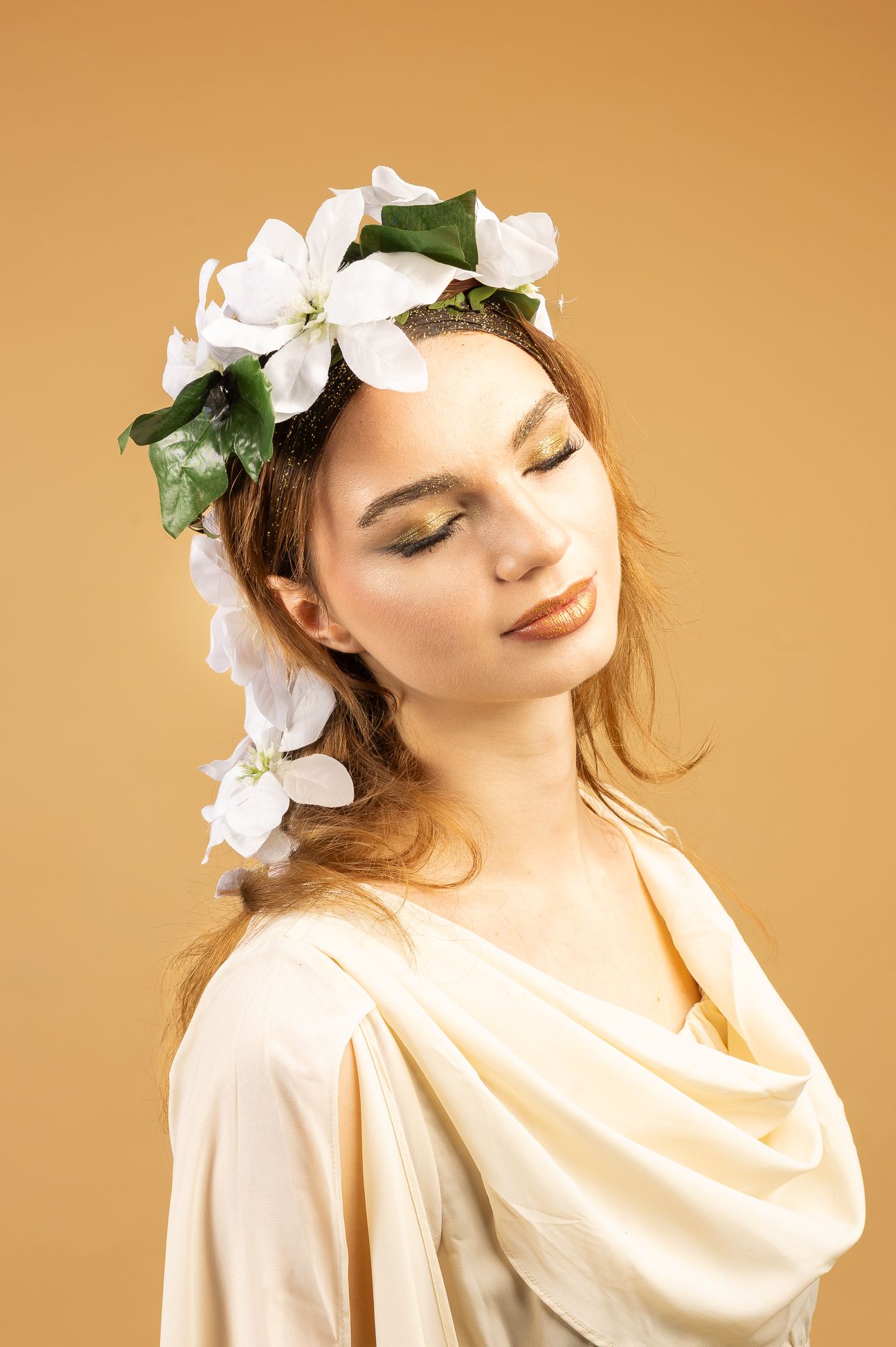 Gaia, Goddess of Earth.  Girl with flowers in her hair & sparkly makeup - angle 2