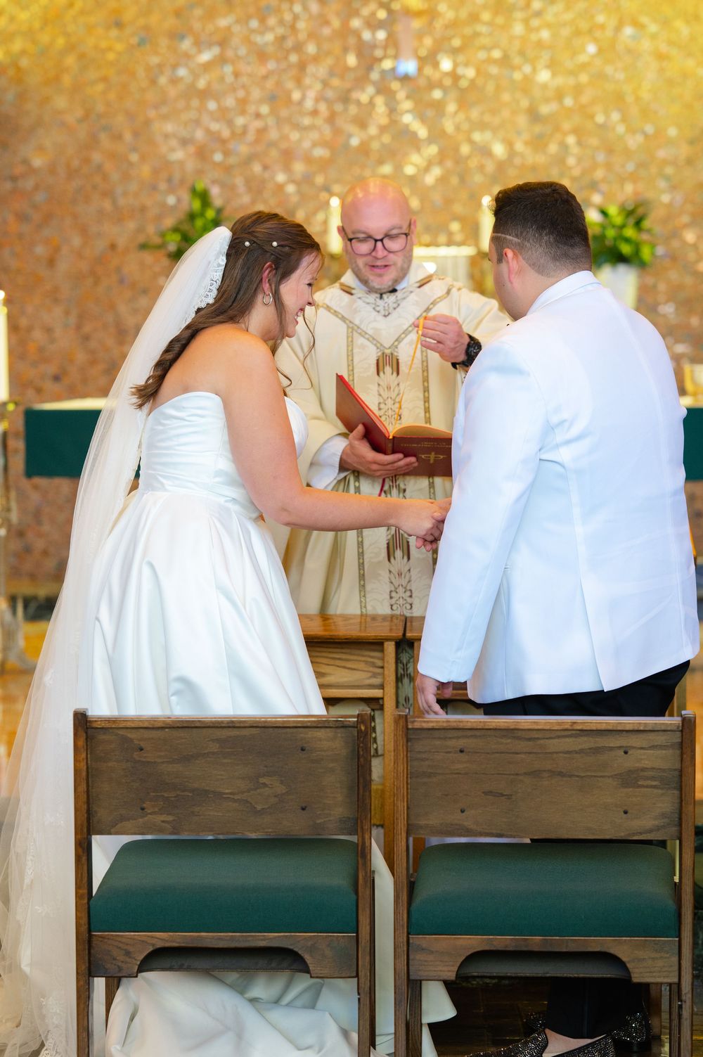 A sequence of candid moments during a church ceremony showing interactions at wooden pews.