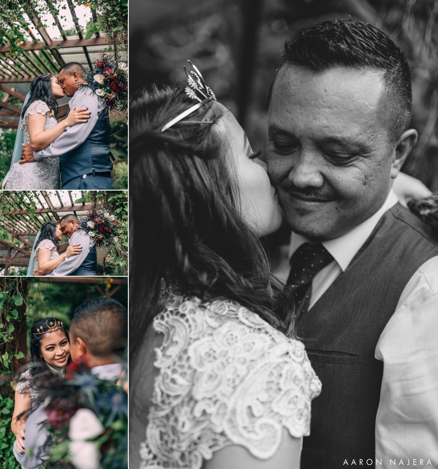 Black and white wedding photography collage capturing intimate moments in an outdoor setting.