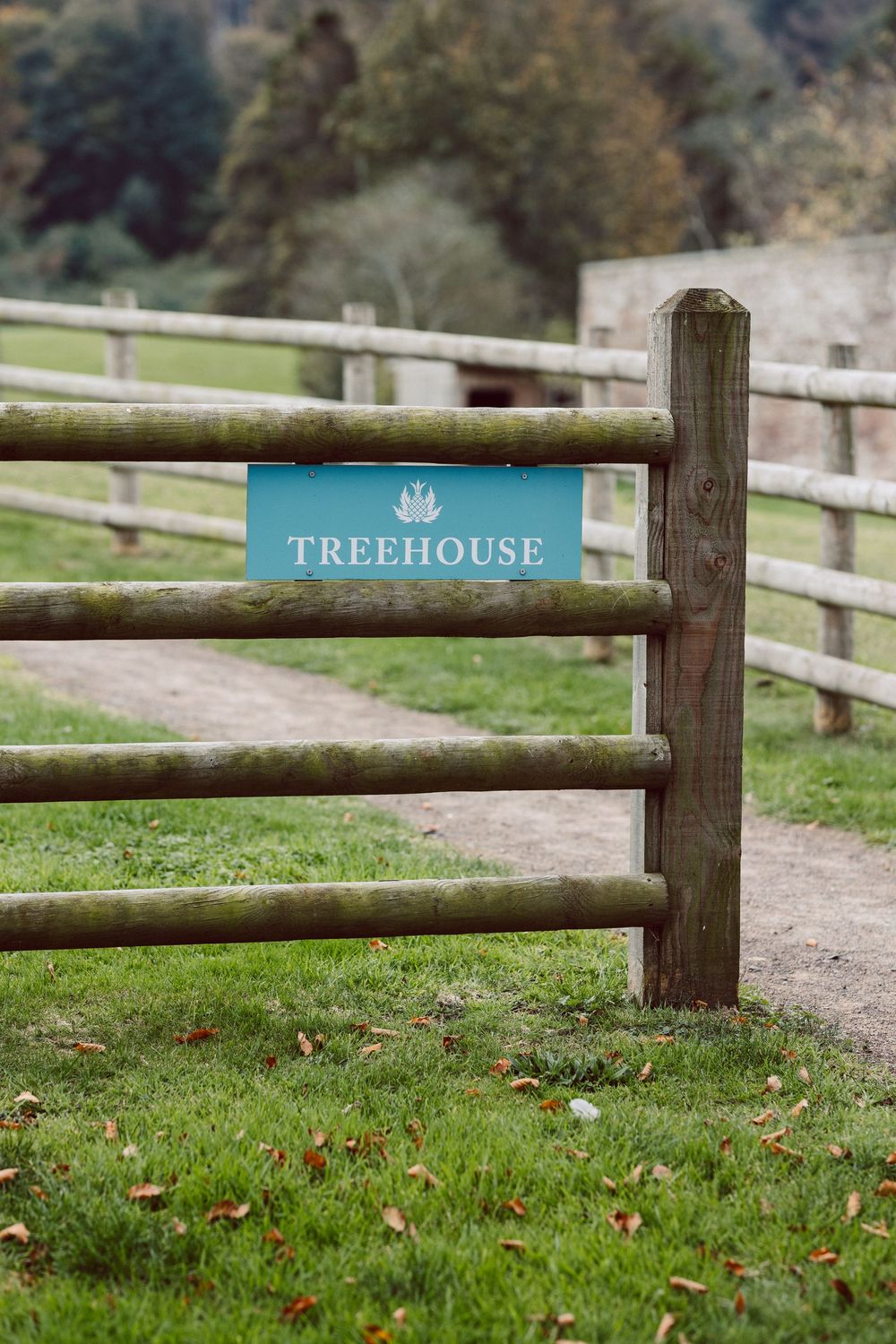 Wooden split-rail fence on grassy lawn with a teal treehouse sign visible in the distance.