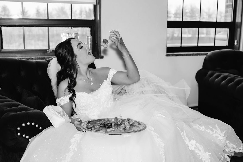 A black and white photo collage shows multiple wedding reception scenes with dancing and dining.