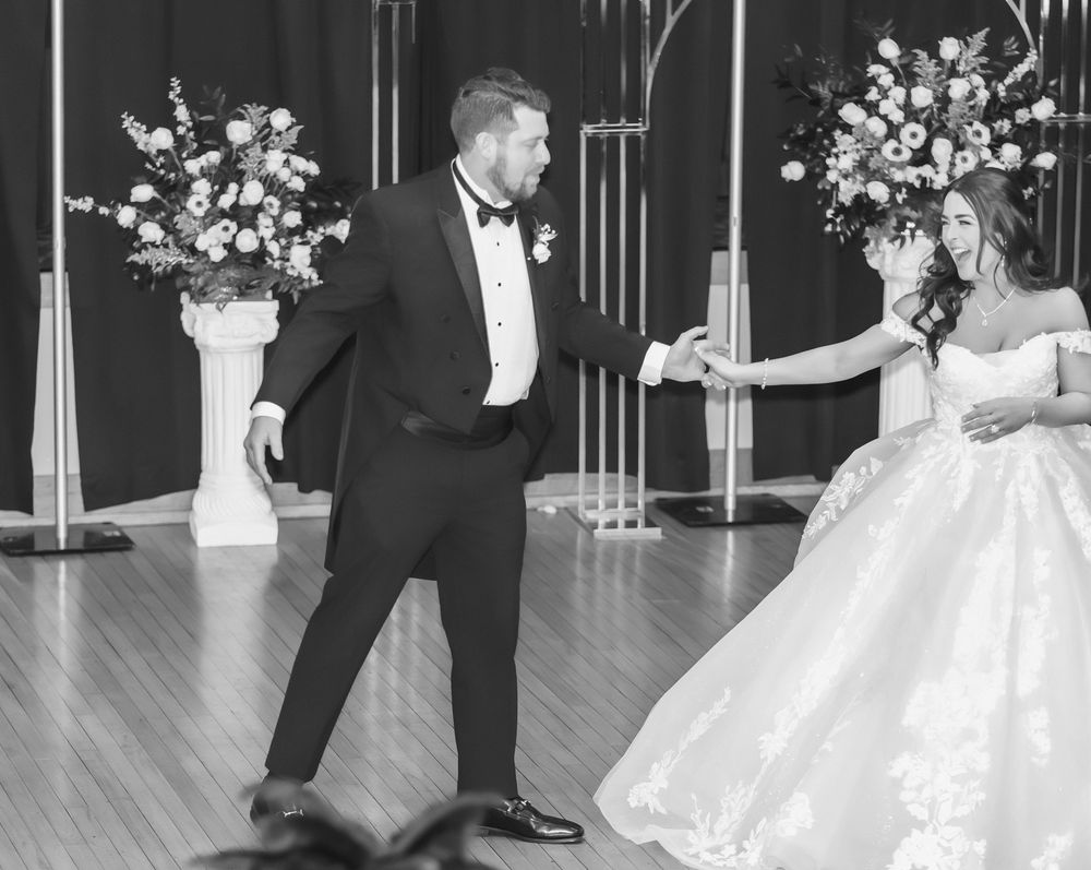 A series of black and white dance photos showing a couple performing elegant ballroom dance moves on a polished floor.