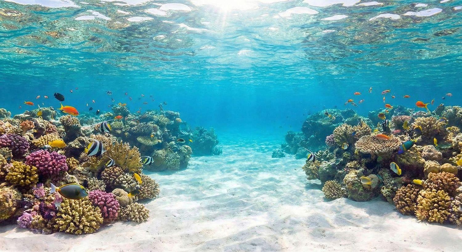 Vibrant coral reef ecosystem with colorful fish swimming in crystal clear turquoise waters under bright sunlight.