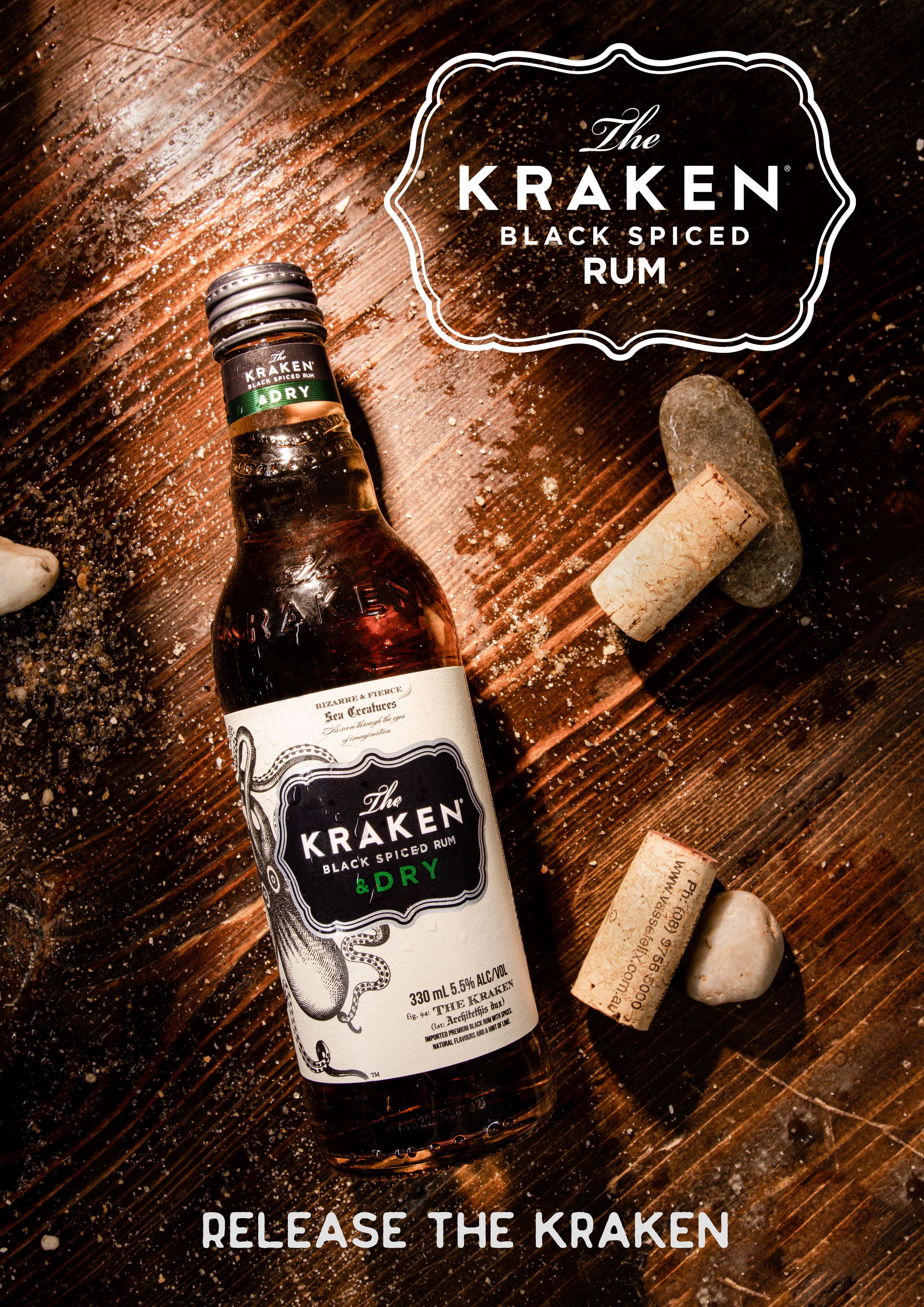Marketing poster for Kraken Black Spiced Rum featuring bottle and brand elements.