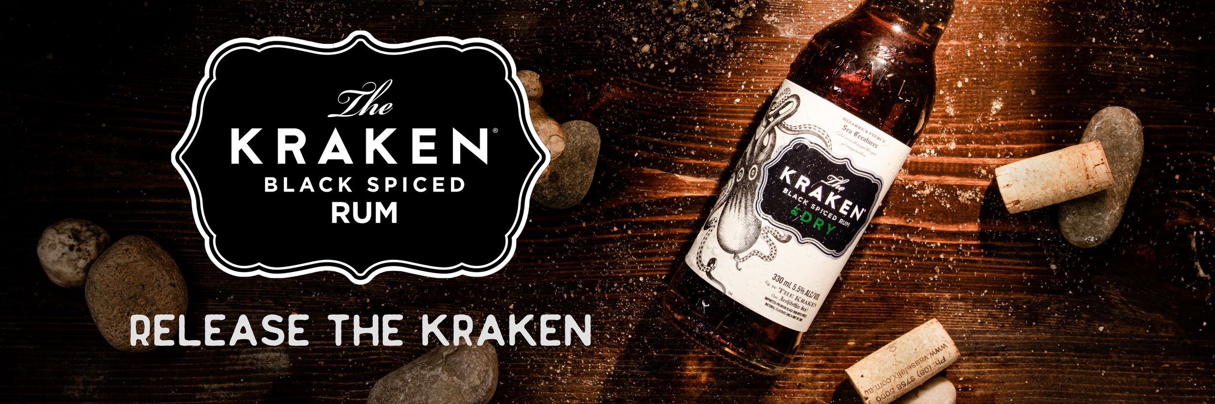 Black and white Kraken Rum logo banner with bottle product shot.