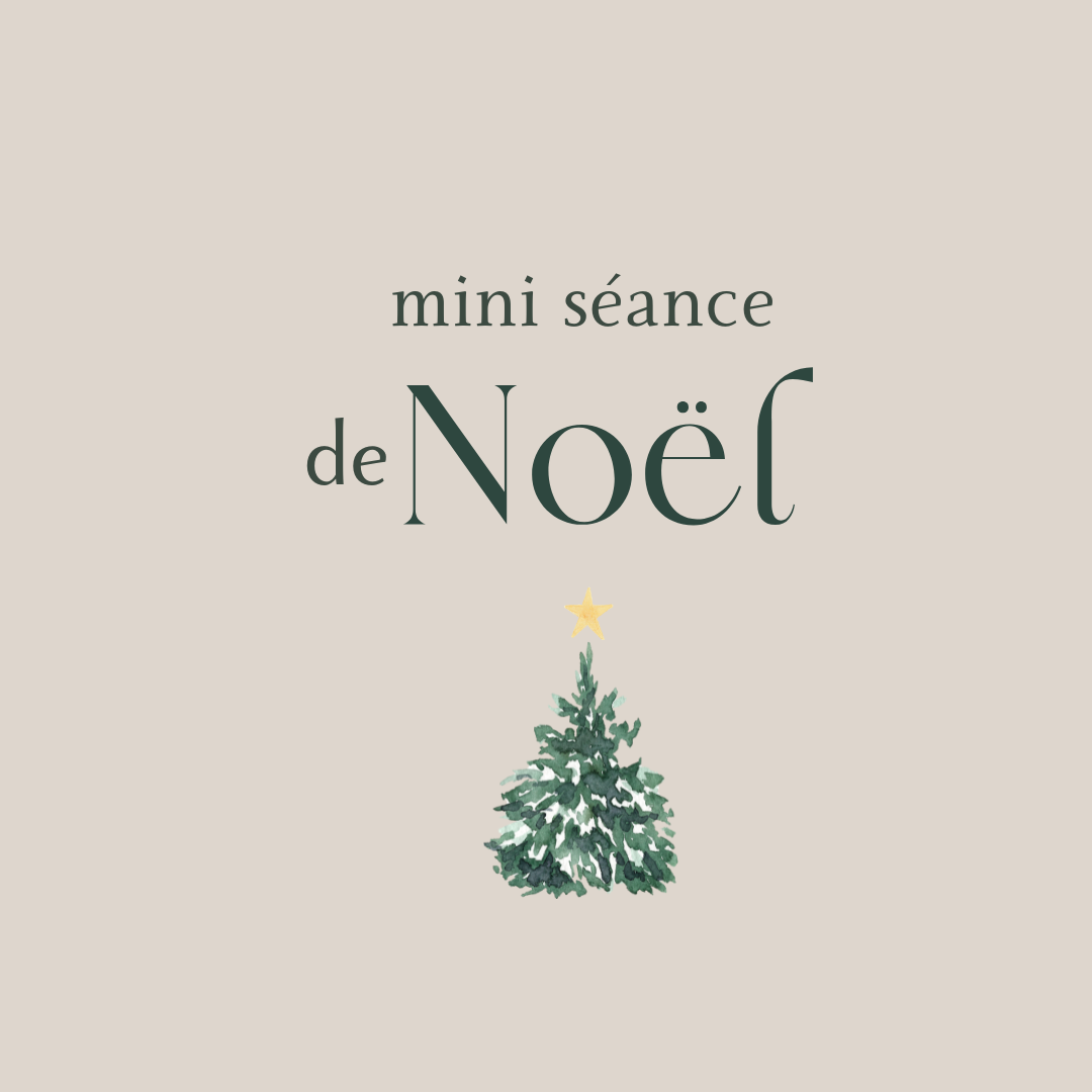 A minimalist holiday design featuring text 'mini seance de Noel' with a small green Christmas tree illustration.