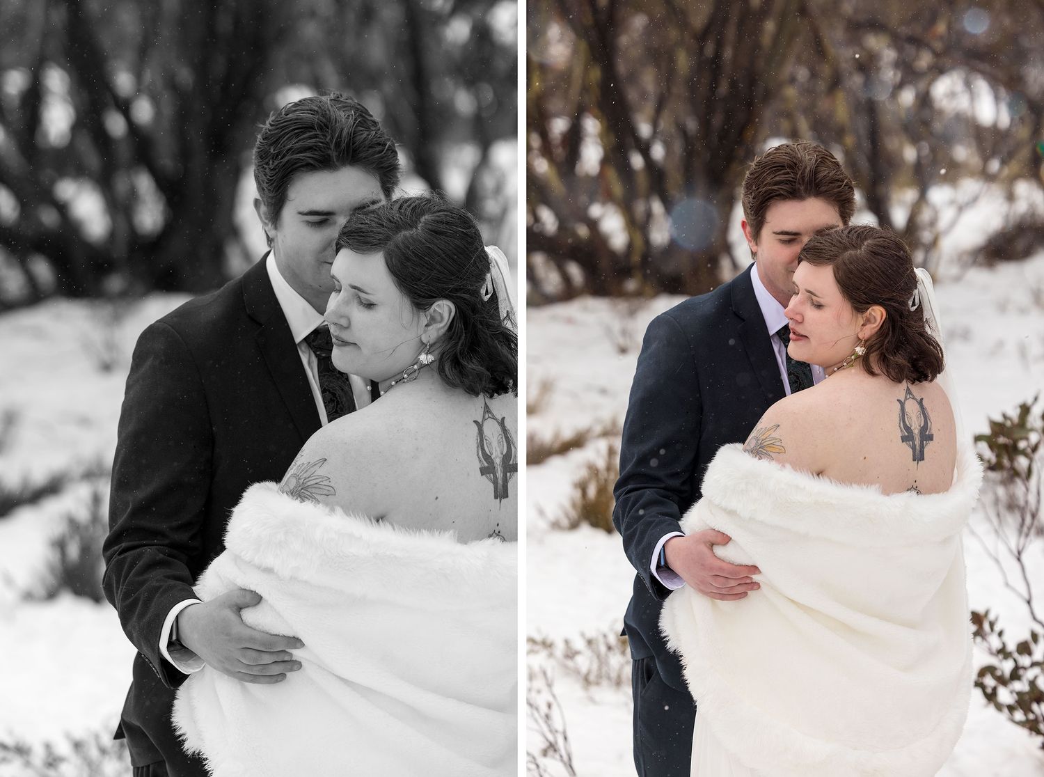 Romantic winter photoshoot of a couple embracing in the snow with pine trees in the background in the snow at Mount Perisher near Jindabyne.