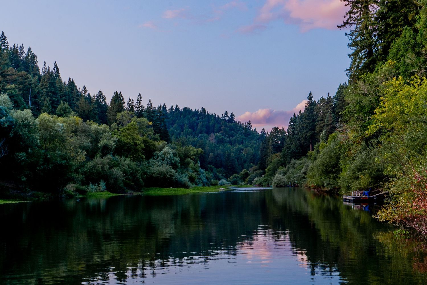 Tranquil lake surrounded by evergreen trees at sunset with pink sky reflections.