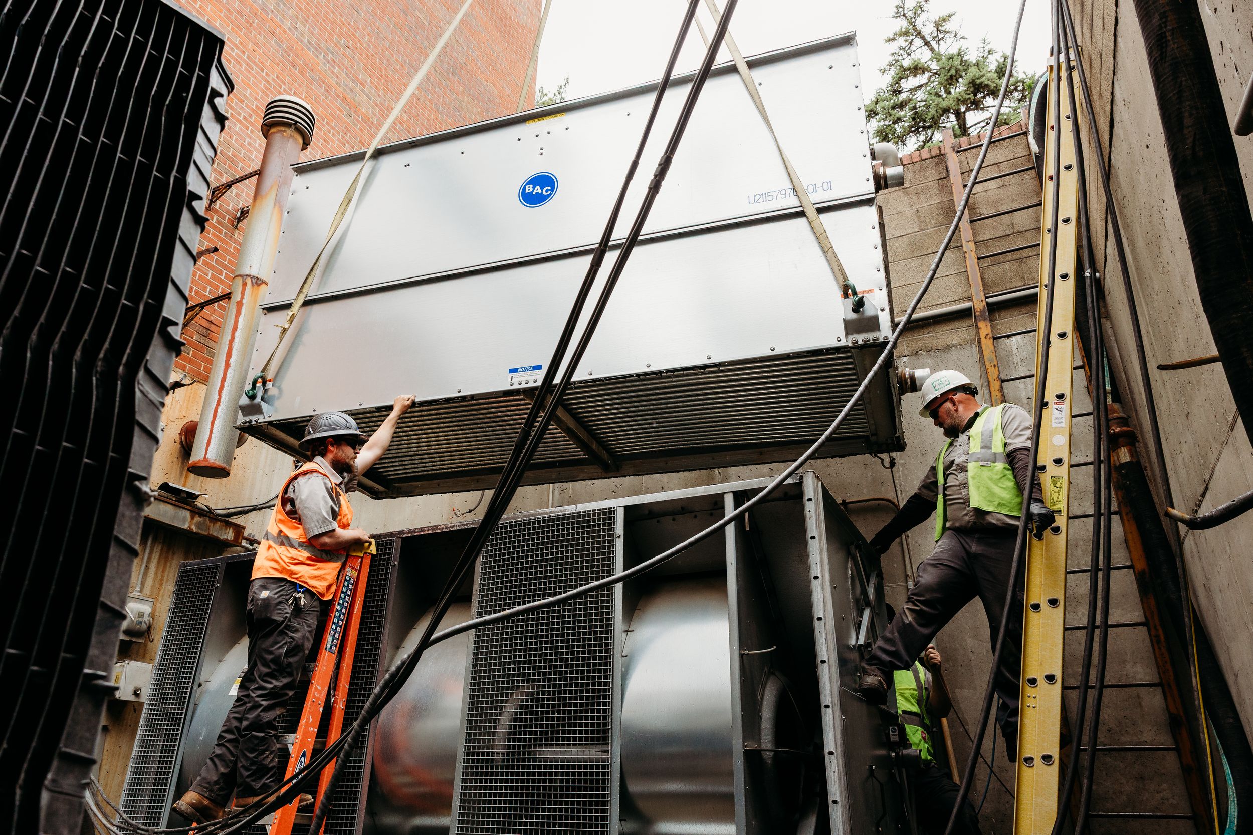 Construction workers in safety gear carefully install large glass panels on a modern building exterior.