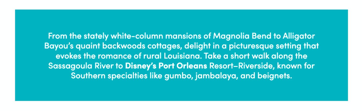 Promotional text for food options at Disney's Port Orleans Resort featuring Southern cuisine specialties.