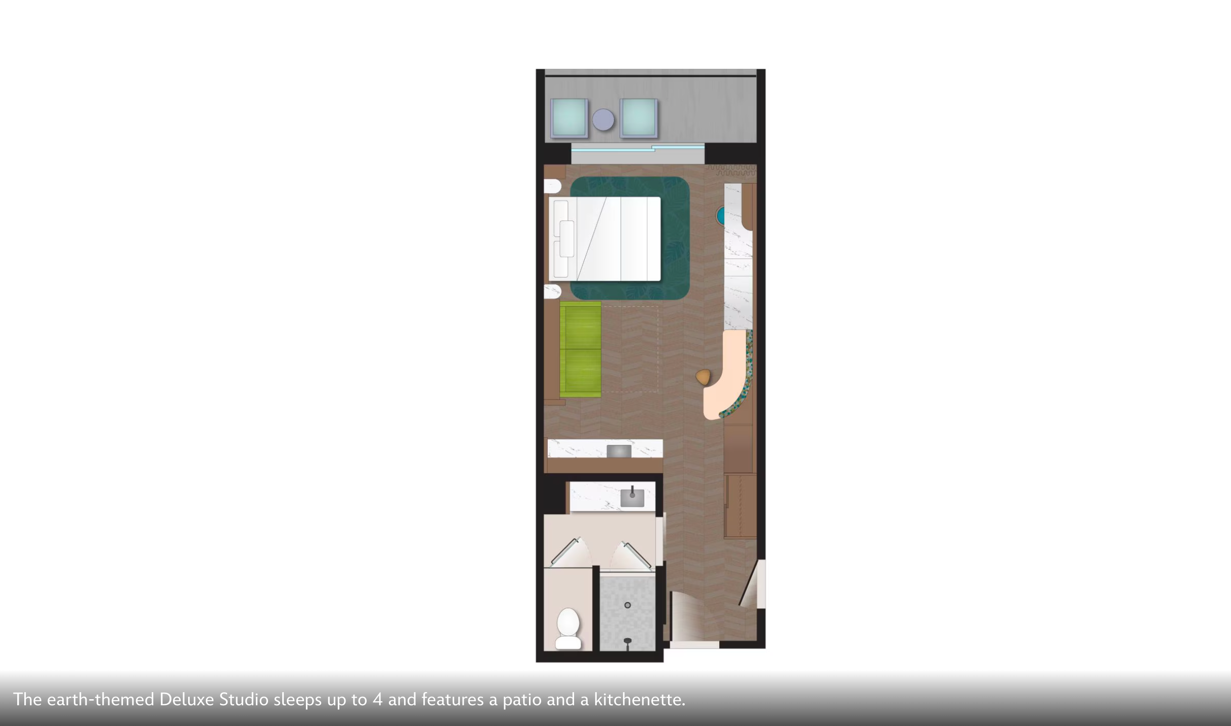 Compact studio apartment floor plan with bathroom and basic amenities.