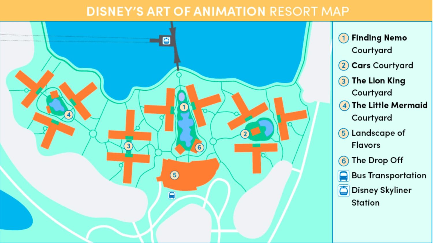 Map layout showing the different sections and amenities of Disney's Art of Animation Resort.