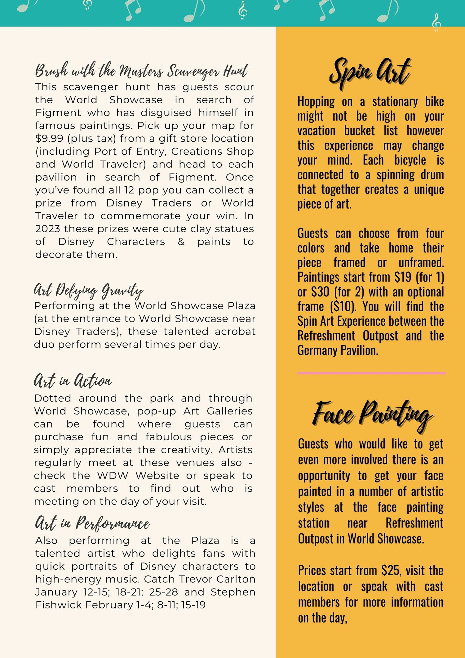 Activities page listing meet and greet experiences and special art stations at a theme park festival.