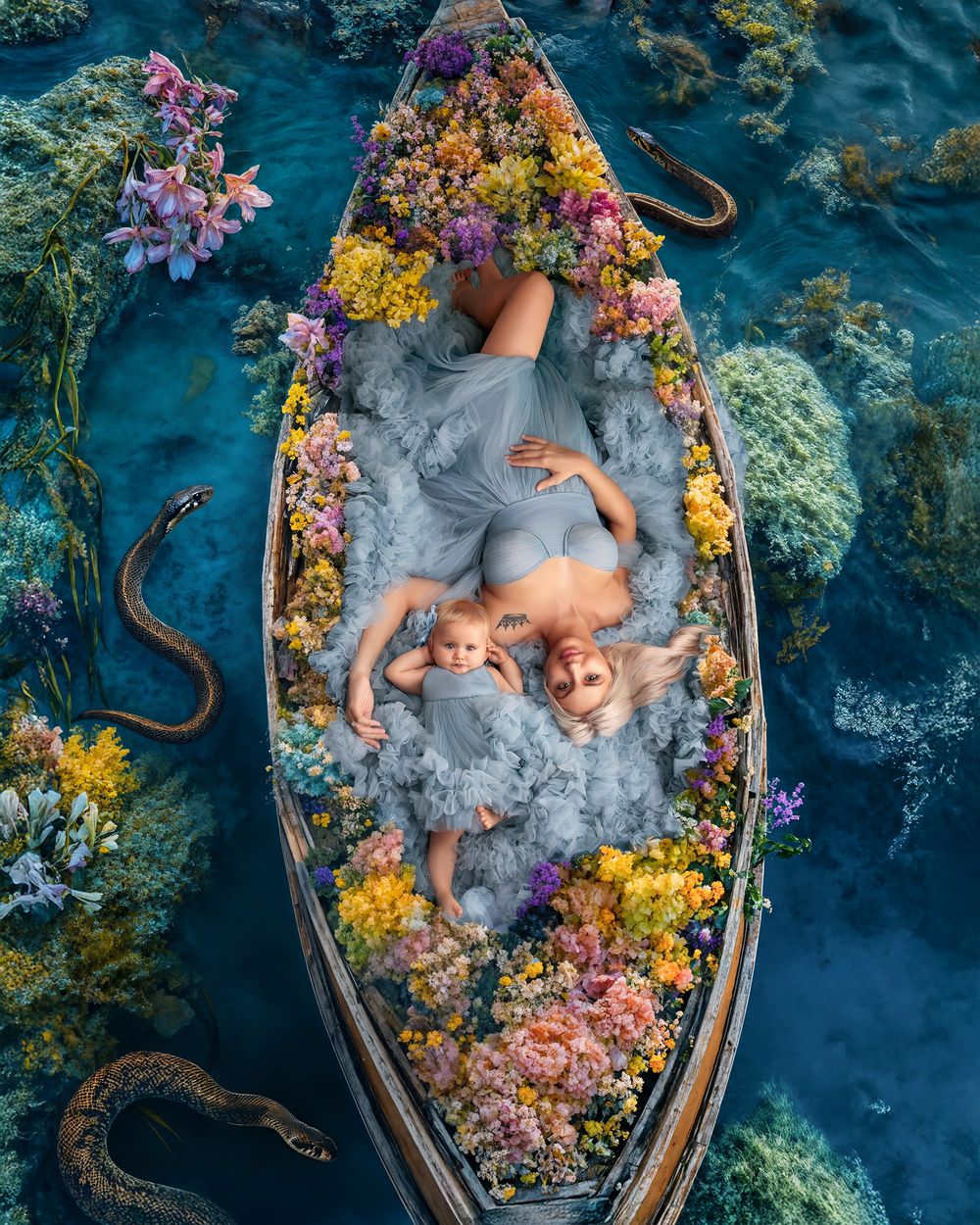 Sydney photographer: mum floats with daughter on a boat filled with flowers wearing matching powder blue dresses.