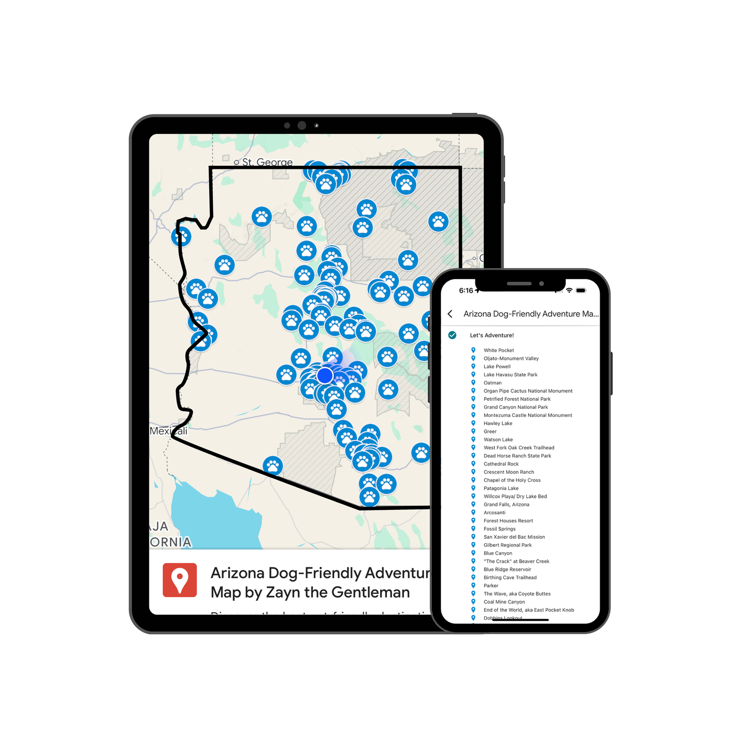A mobile app interface showing an Arizona map with blue location pins and a scrollable list of destinations.