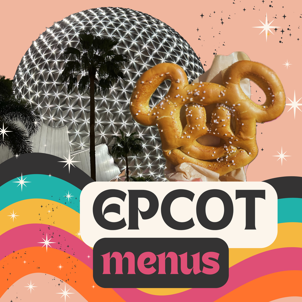 Epcot menus promotional image featuring Spaceship Earth and Mickey-shaped pretzel against retro background.