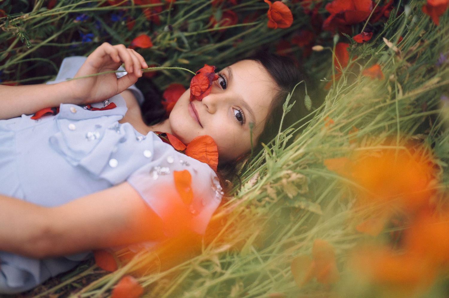 Someone lying in a field of vibrant orange California poppies during golden hour sunset.