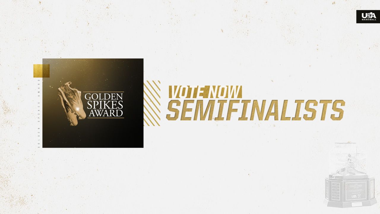 Golden Spikes Award vote now for semifinalists promotional graphic on white and gold background.